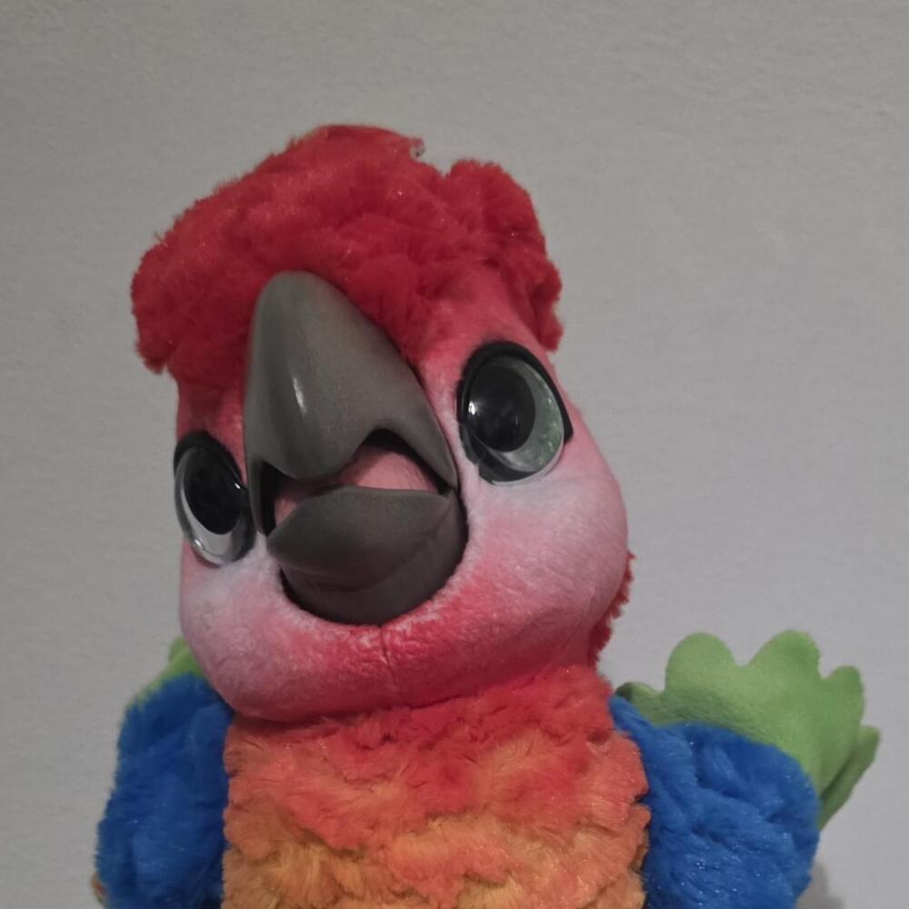 fur real friends red, blue, and green plush parrot with glittery texture #parrot